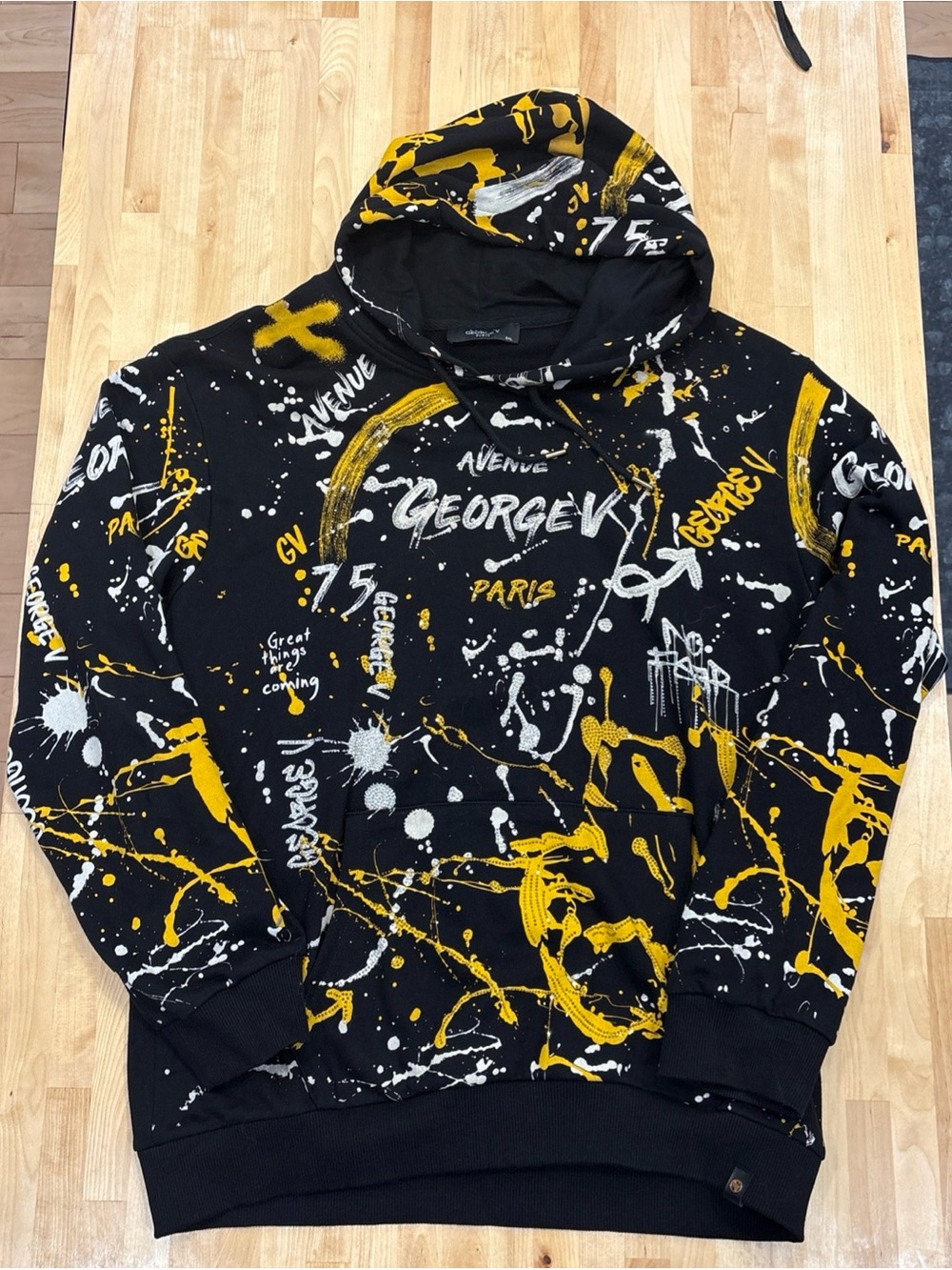 George V Paris Hoodie GV-249 3XL Men Black Gold Splatter Pullover Sweatshirt EUC